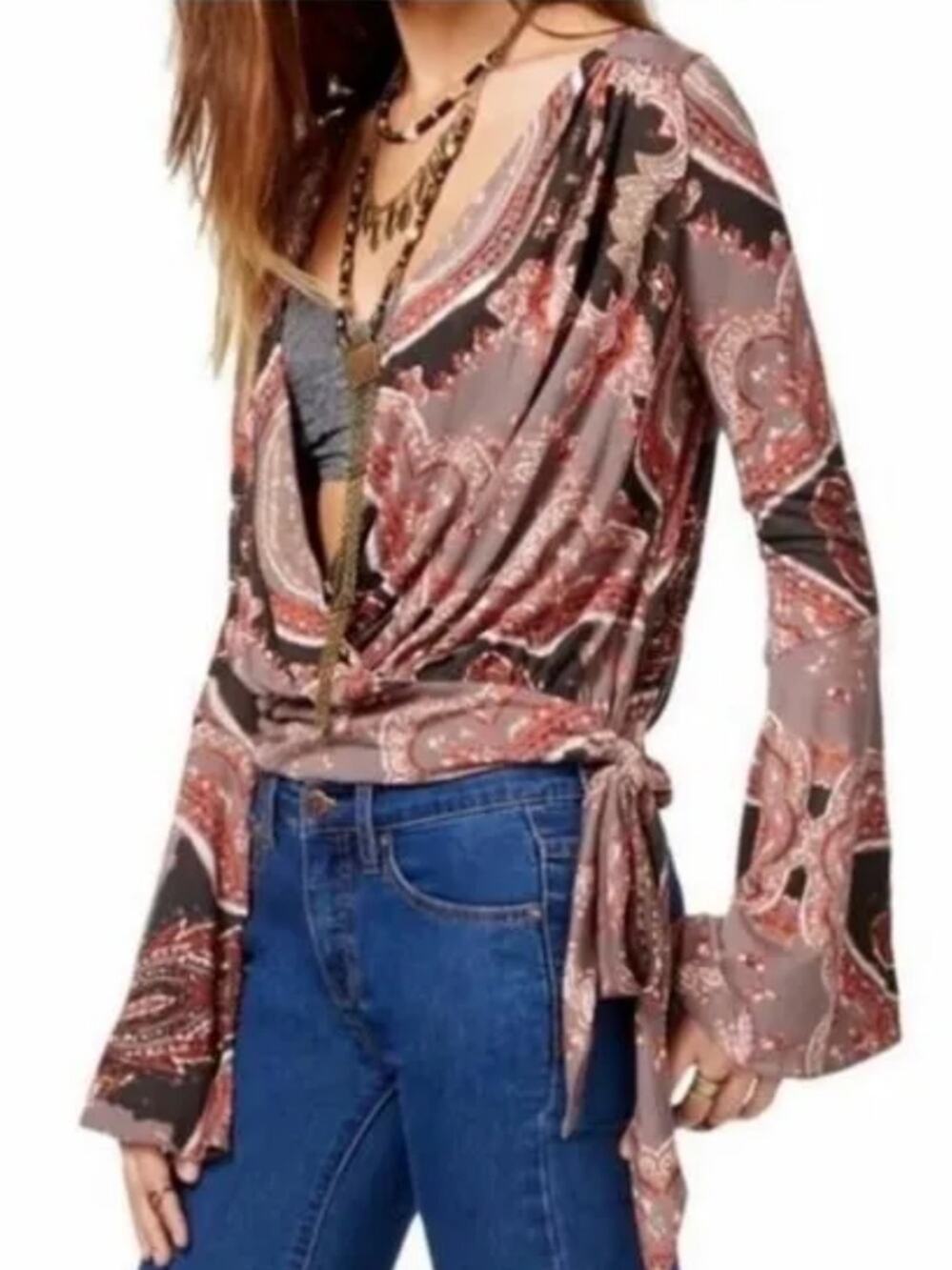 Free People Rust and Navy Paisley Wrap Blouse Size L